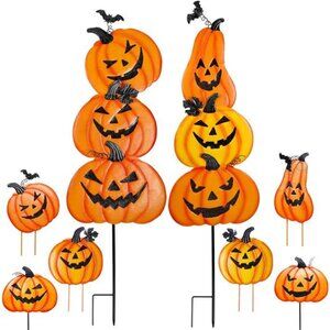 2 Pack Halloween Garden Stakes, Stacked Metal Pumpkins Jack-o-Lantern